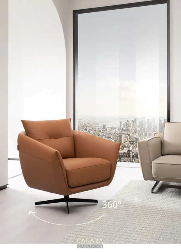 Ghế sofa đơn màu cam hiện đại, xoay 360 độ, view thành phố.