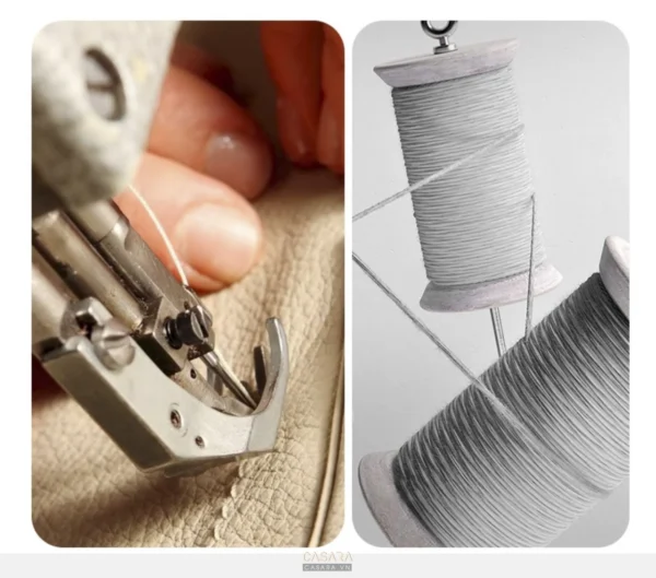 Máy khâu và cuộn chỉ trắng, gần cảnh chi tiết quá trình may.