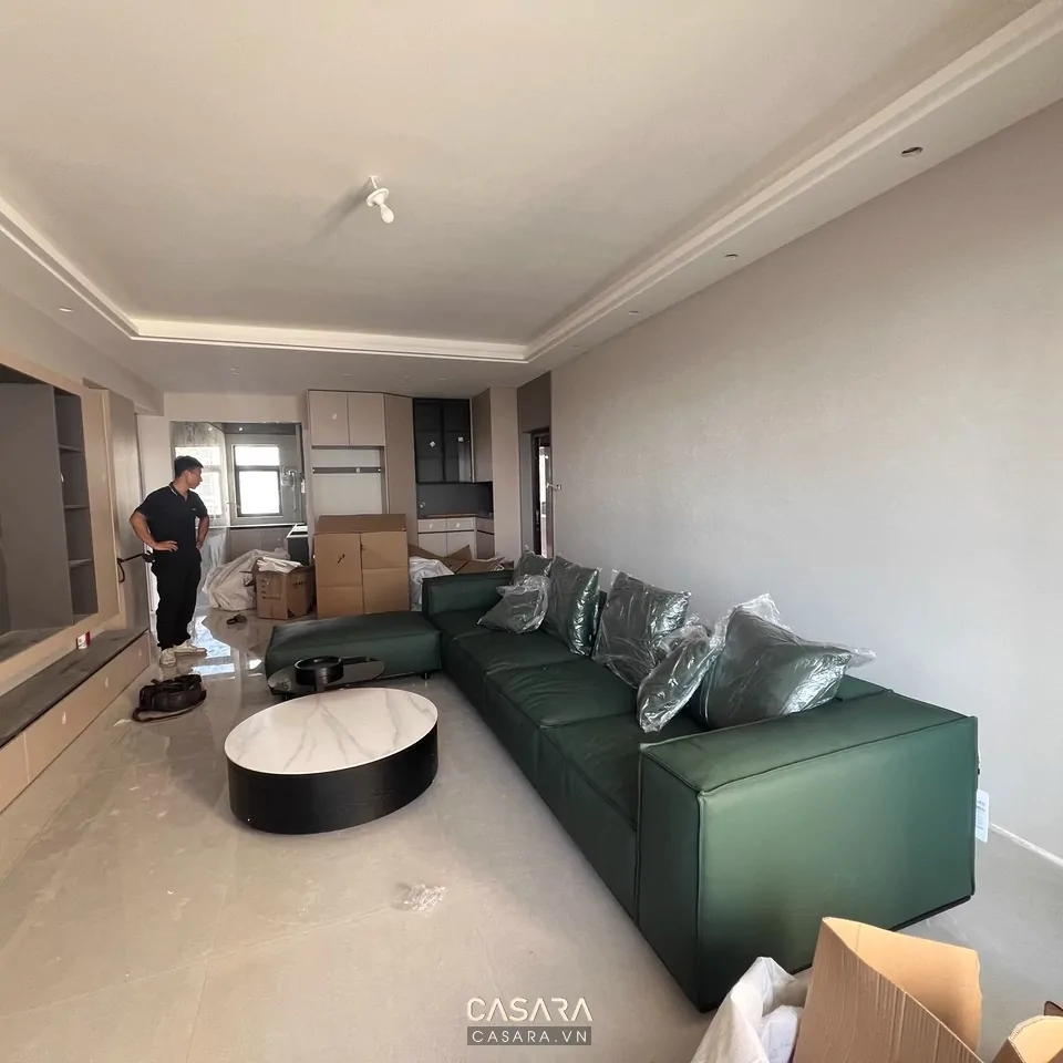 Sofa văn phòng giám đốc với tủ phụ thấp bàn trà gọn khay nước catalogue và vật liệu dễ lau