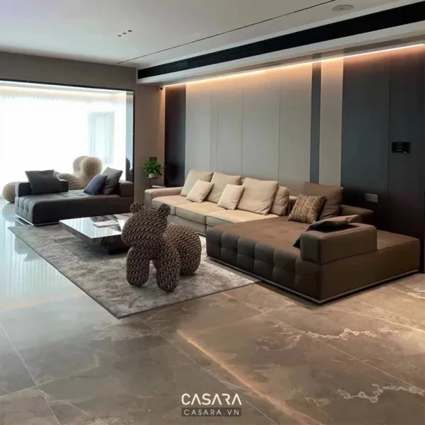 Phòng khách hiện đại, sang trọng với nội thất tối giản, ấm cúng.