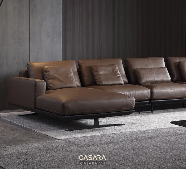 Bộ sofa da góc chữ L màu nâu sang trọng, hiện đại.