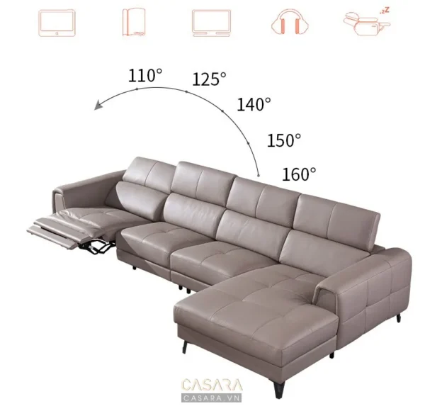 Ghế sofa da góc chữ L hiện đại, có chức năng điều chỉnh độ ngả lưng.