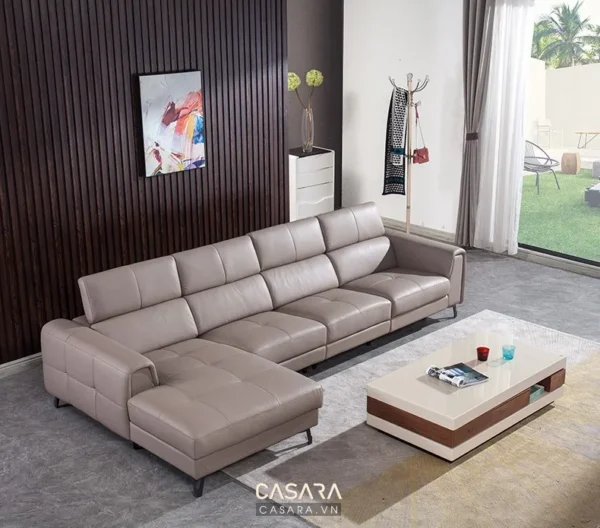 Phòng khách hiện đại với bộ sofa da góc màu be sang trọng.