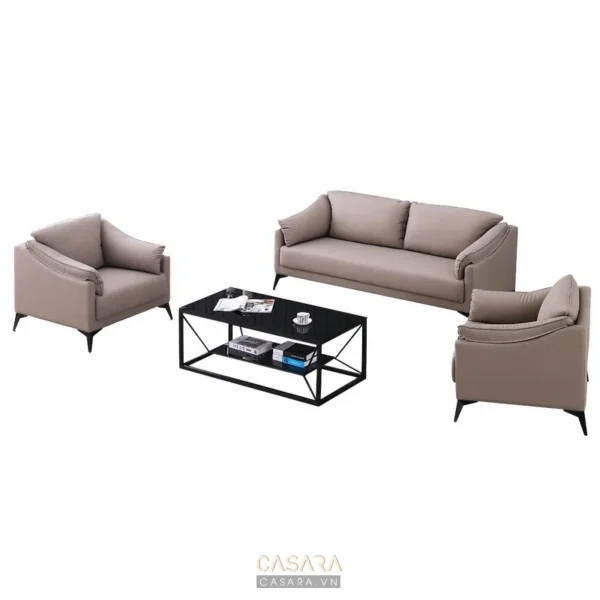 Bộ sofa gồm ghế dài và hai ghế đơn hiện đại, màu be trung tính.