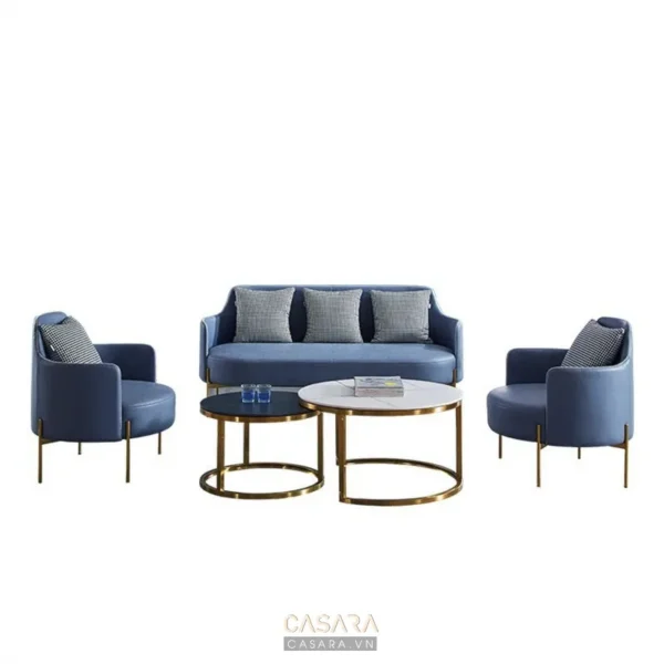 Bộ sofa hiện đại màu xanh navy với chân và bàn vàng kim.