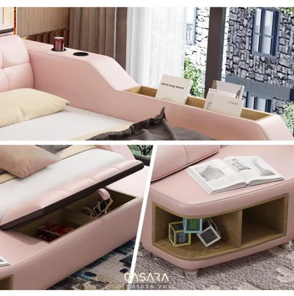 Ghế sofa giường màu be hiện đại, có ngăn chứa đồ tiện lợi.