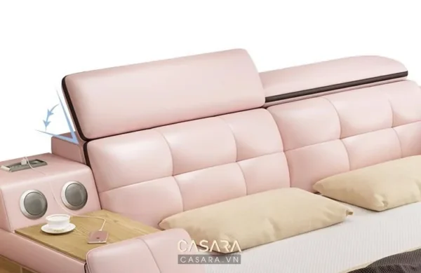 Ghế sofa màu hồng phấn hiện đại, tích hợp nhiều tiện ích thông minh.