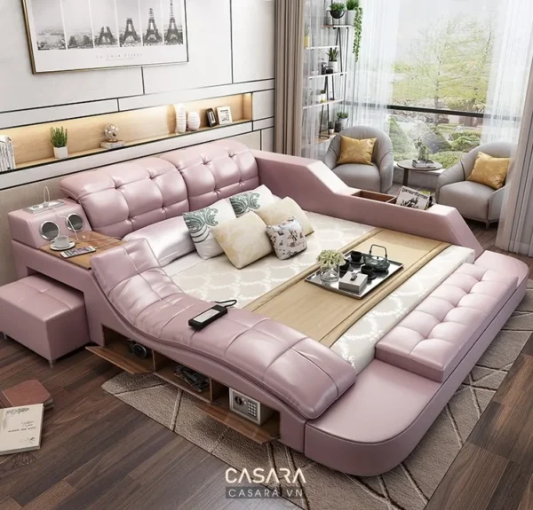 Giường ngủ hiện đại, tích hợp nhiều tiện ích, màu hồng pastel sang trọng.