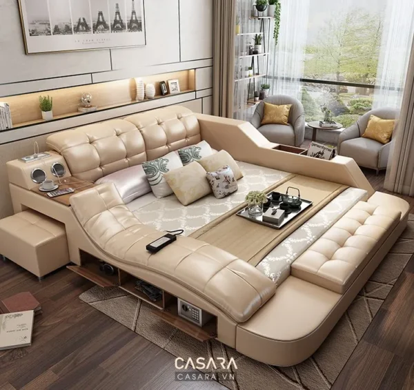 Phòng ngủ sang trọng với giường cỡ lớn màu be, thiết kế hiện đại.