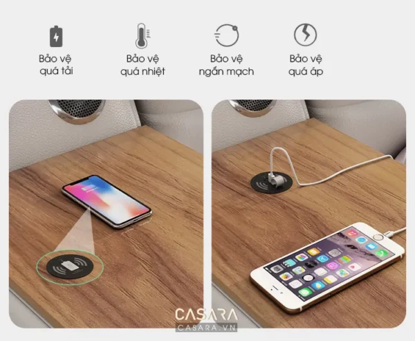 Sạc không dây Casara trên mặt bàn gỗ, tiện lợi và hiện đại.