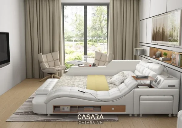 Phòng khách hiện đại với bộ sofa da trắng chữ L sang trọng, tinh tế.