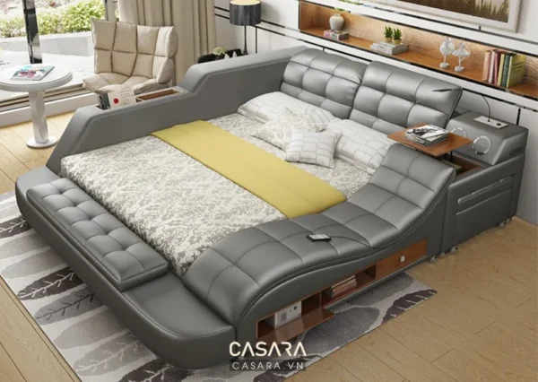 Giường ngủ hiện đại, thiết kế sang trọng với nhiều tiện nghi tích hợp.