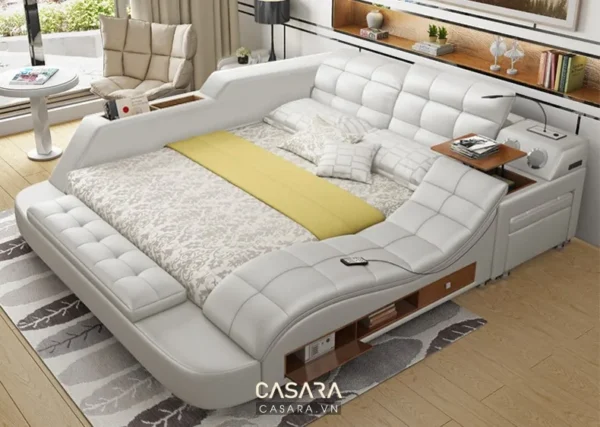 Giường ngủ hiện đại, thiết kế sang trọng với màu trắng chủ đạo.