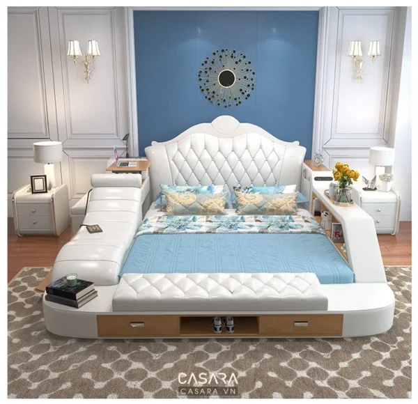 Phòng ngủ sang trọng với giường trắng tinh tế và tường xanh lam.