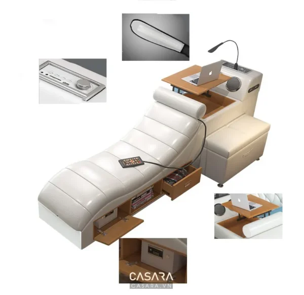 Giường thẩm mỹ đa năng trắng tinh tế, tích hợp nhiều tiện ích hiện đại.