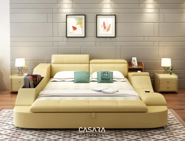 Giường ngủ hiện đại, sang trọng với thiết kế tinh tế, màu vàng kem ấm áp.