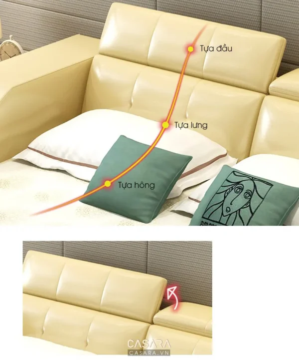 Ghế sofa da màu kem êm ái, có gối tựa lưng và gối trang trí.