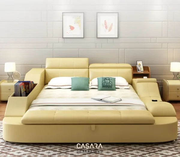 Giường ngủ hiện đại, kiểu dáng sang trọng với tông màu vàng kem ấm áp.