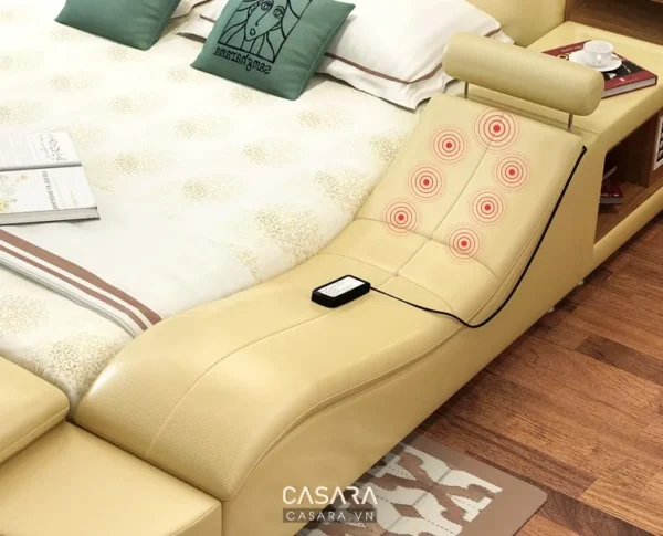 Giường massage da cao cấp màu kem với thiết kế hiện đại, sang trọng.