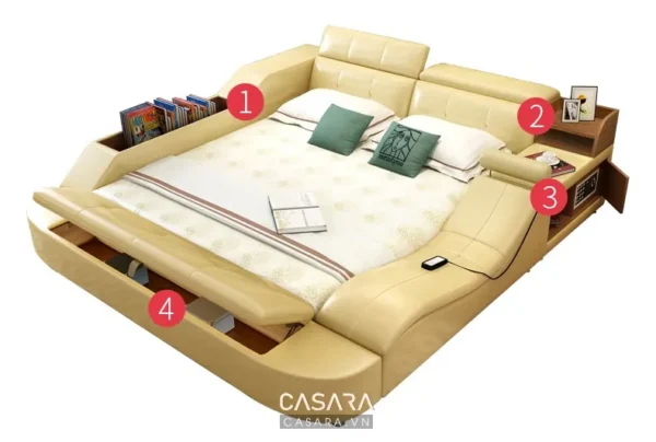 Giường ngủ hiện đại đa năng, tích hợp nhiều tiện ích lưu trữ.