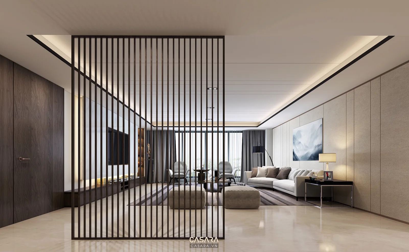 nhà đẹp phòng khách nhà phố hẹp ngang với sofa thẳng và kệ tivi gọn