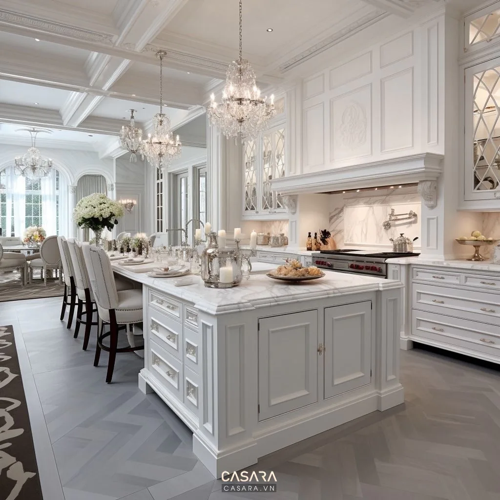Bàn ăn và tủ bếp hiện đại trong căn hộ 70m2 có ánh sáng tự nhiên