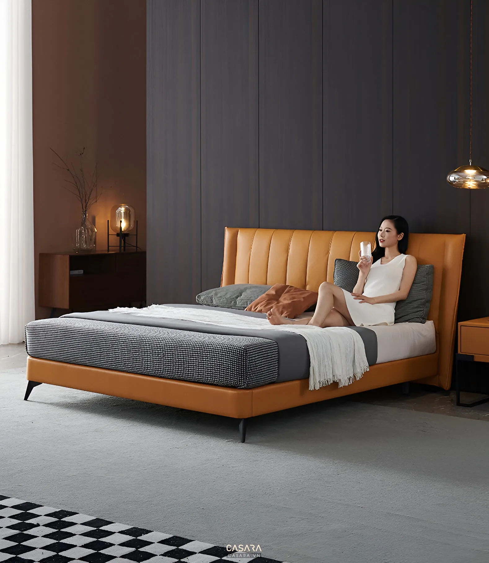 phối cảnh 3D phòng ngủ hiện đại có giường tủ áo và vách đầu giường gỗ