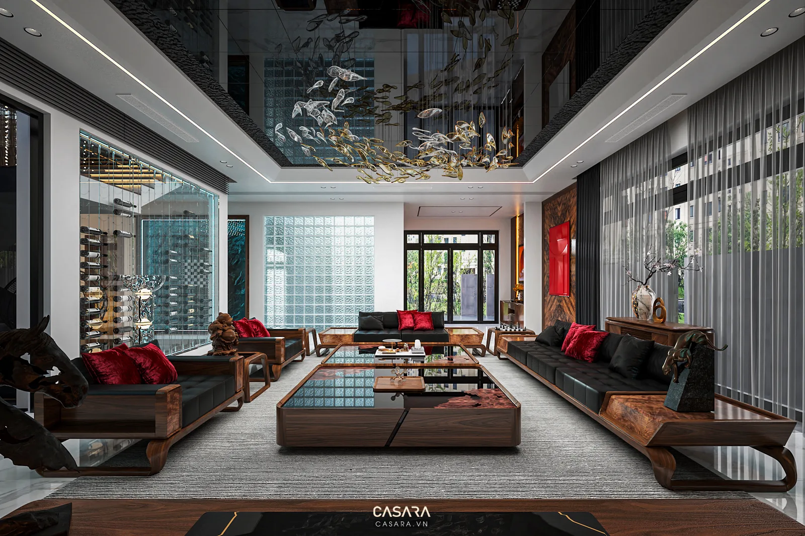 phòng khách đẹp nhà phố với sofa băng và vách tivi gỗ đá