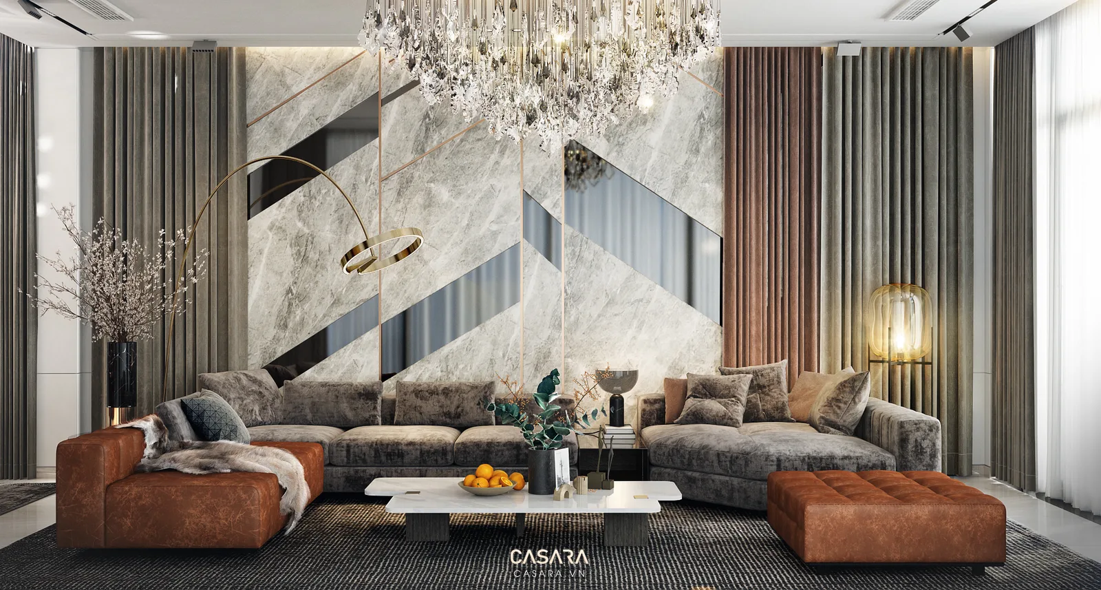 Phòng khách sang trọng, sofa gỗ tự nhiên, trần kính nghệ thuật