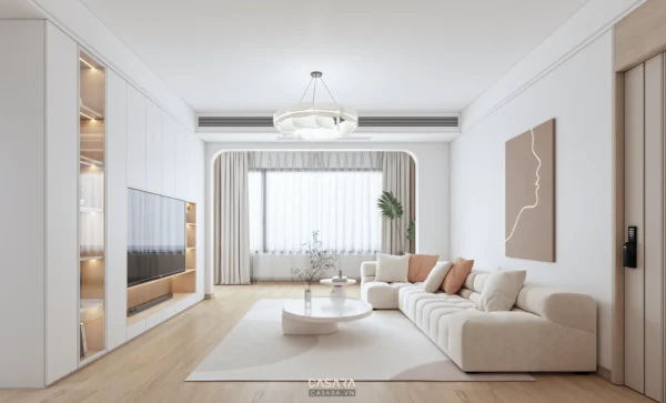 Phòng khách hiện đại, tối giản với tông màu trắng chủ đạo, sang trọng.