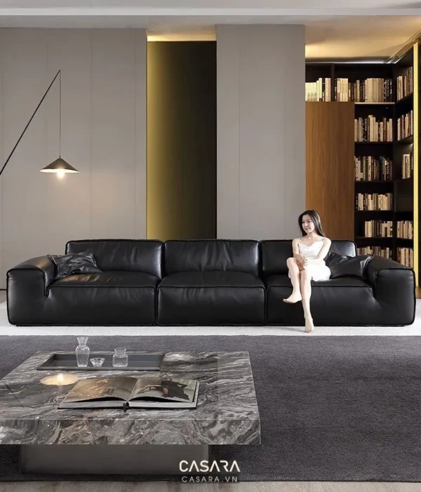 Phòng khách hiện đại với sofa da đen sang trọng và thư viện sách lớn.