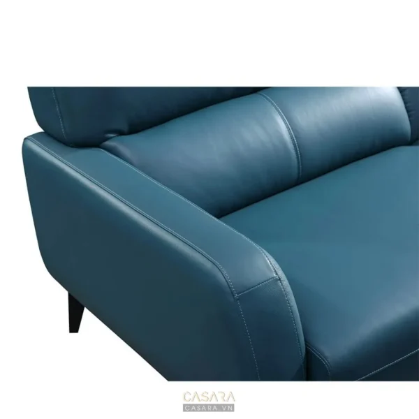 Góc sofa da xanh lam hiện đại, thiết kế tối giản, sang trọng.