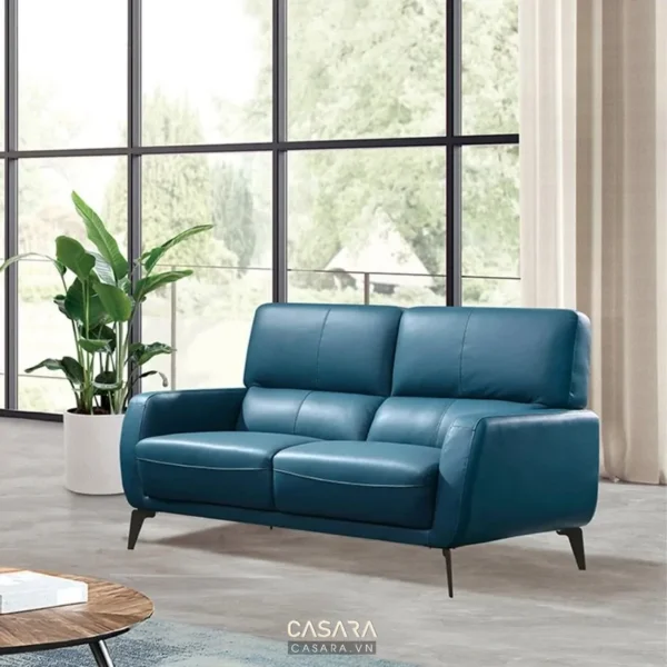 Ghế sofa da xanh dương hiện đại, thiết kế tối giản, sang trọng.