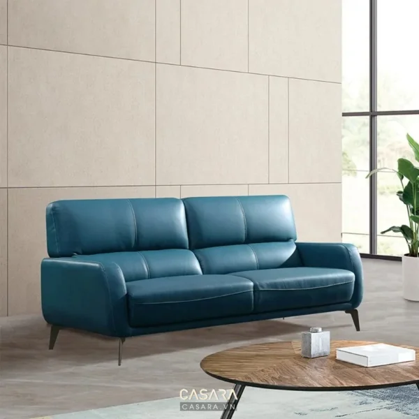 Ghế sofa da xanh dương hiện đại, sang trọng trong không gian phòng khách.