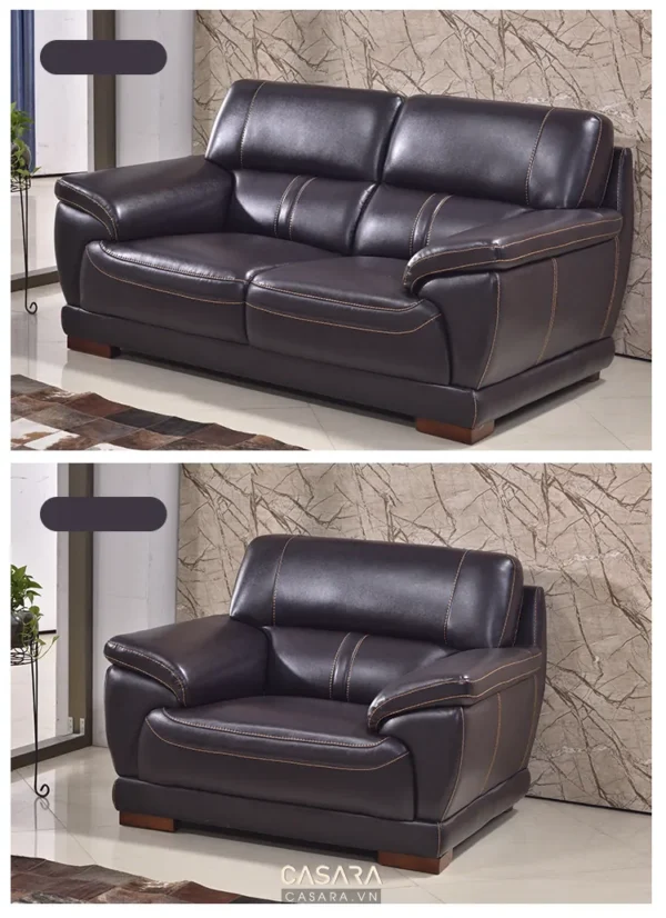 Bộ sofa da sang trọng, hiện đại với gam màu nâu trầm ấm áp.