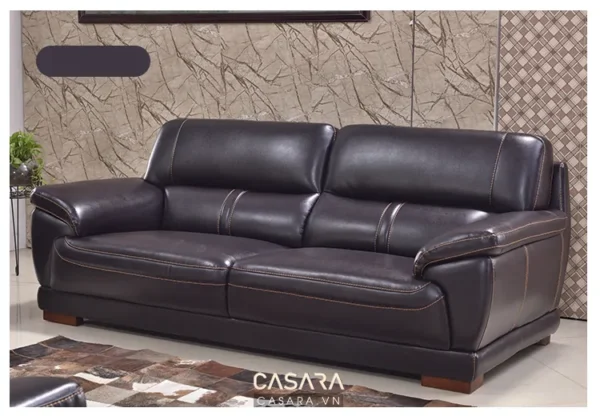 Ghế sofa da màu nâu đen sang trọng, hiện đại trong không gian phòng khách.