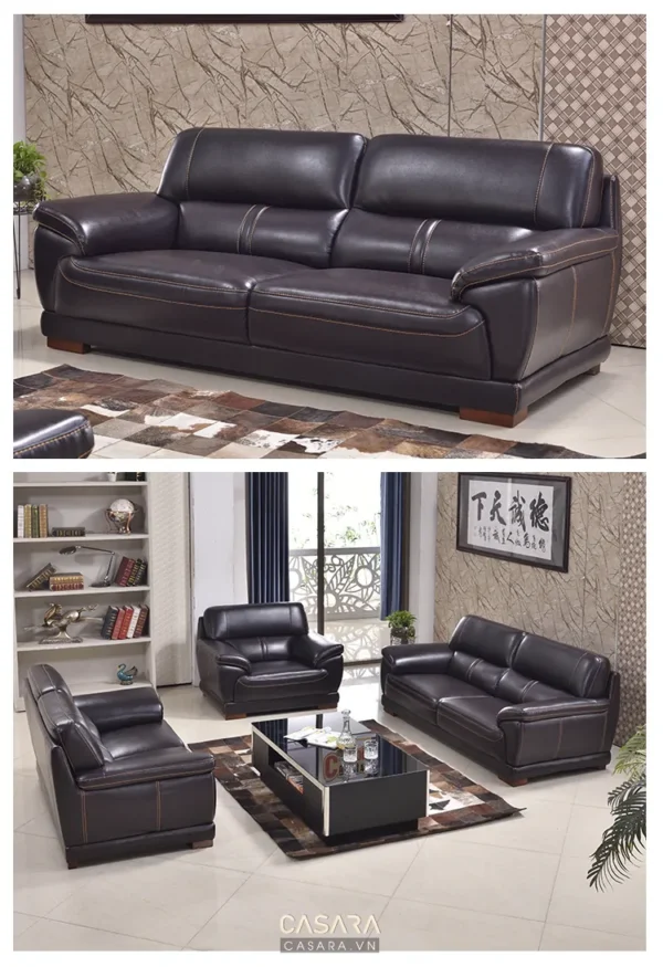 Bộ sofa da cao cấp màu nâu sang trọng, hiện đại cho phòng khách.