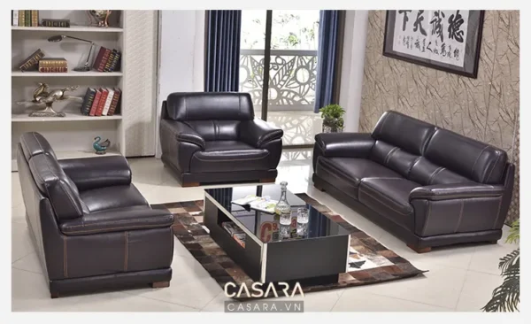 Bộ sofa da đen hiện đại trong phòng khách sang trọng.