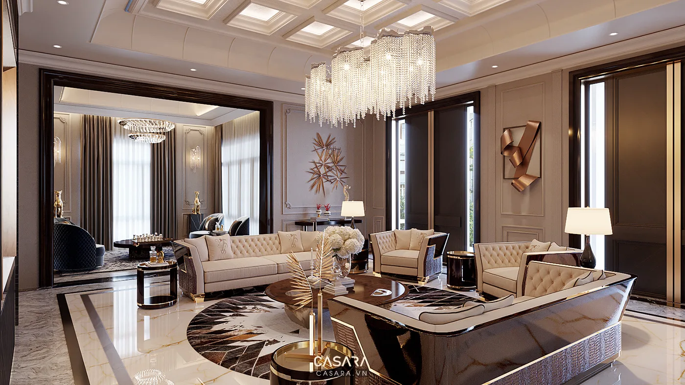 Không gian nội thất cao cấp có đèn chùm, bàn ăn, sofa sáng và trần trang trí