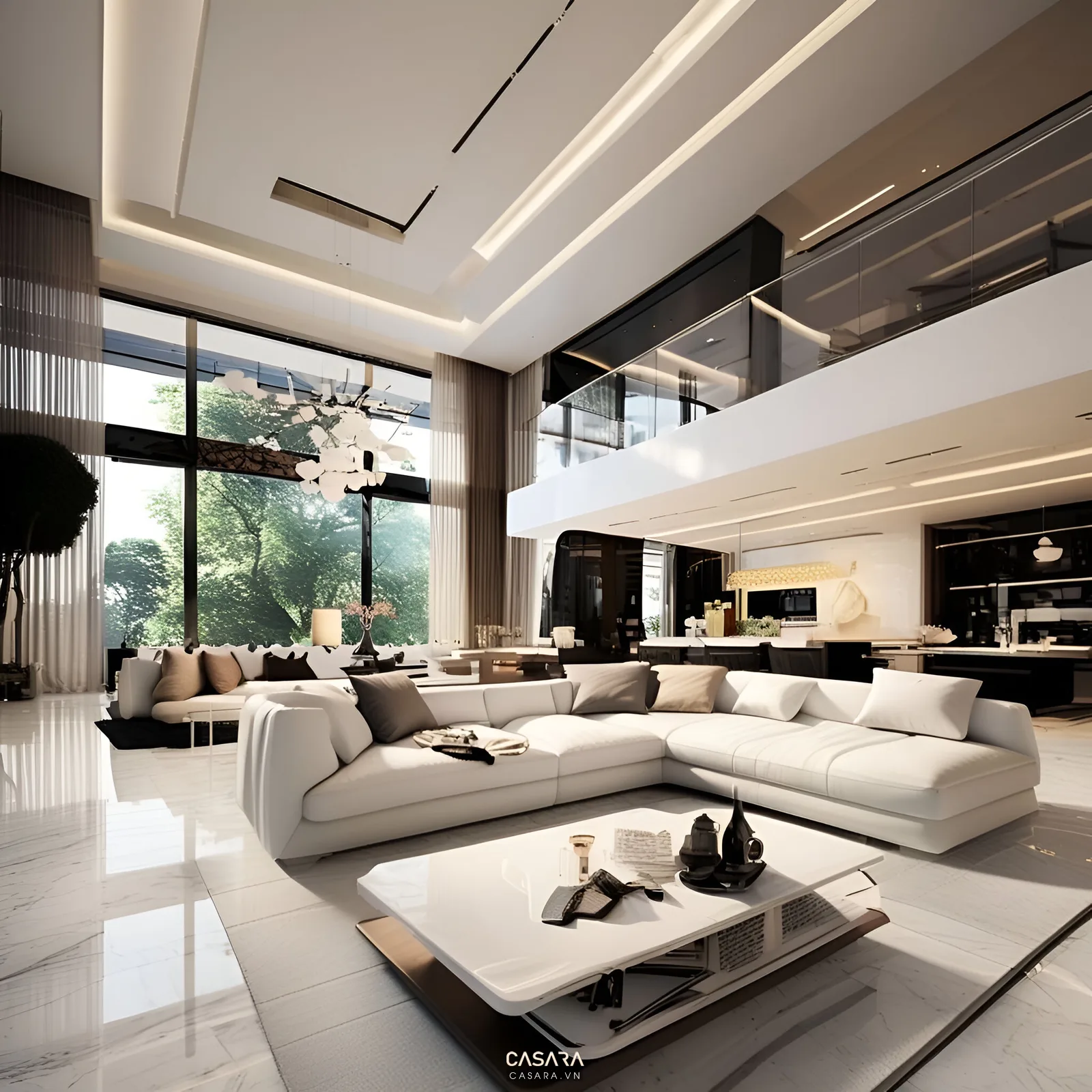 Phòng khách mở hiện đại liên thông bếp và bàn ăn với sofa màu xám sáng, thảm lớn, đèn thả bàn ăn, tủ bếp gỗ và căn hộ gia đình