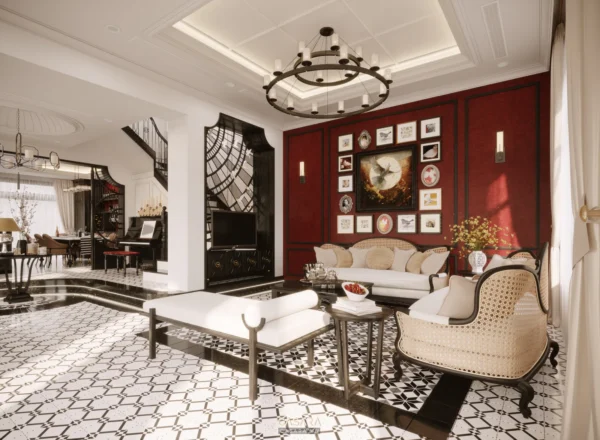 Phòng khách sang trọng với tông đỏ burgundy và thiết kế cổ điển.