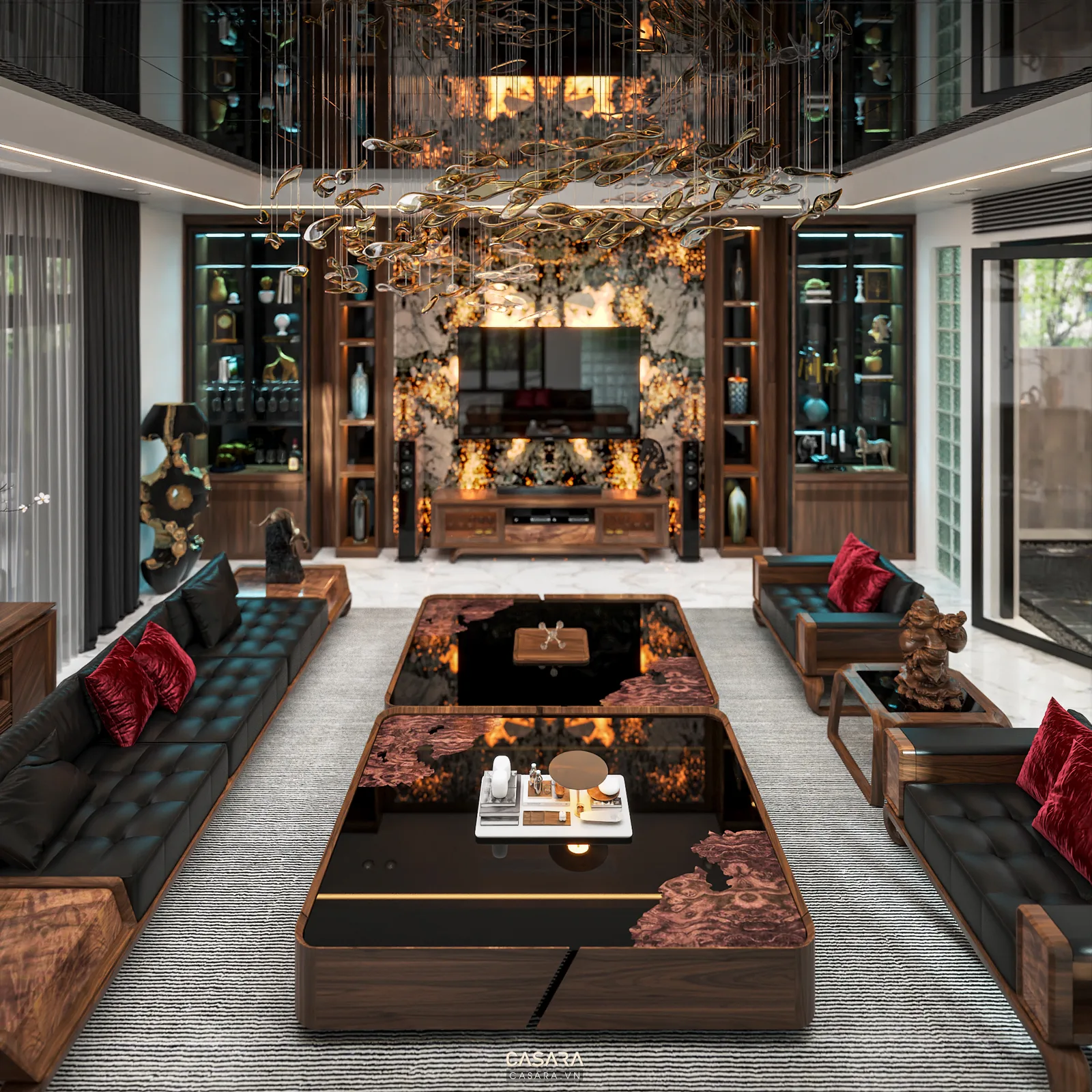 Phòng khách thông tầng cao cấp có đèn chùm lớn, sofa tối màu, gỗ và đá