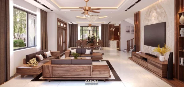 Phòng khách hiện đại, sang trọng với nội thất gỗ ấm áp.