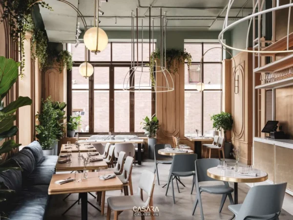 Nhà hàng thiết kế hiện đại, sang trọng với tông màu ấm áp.