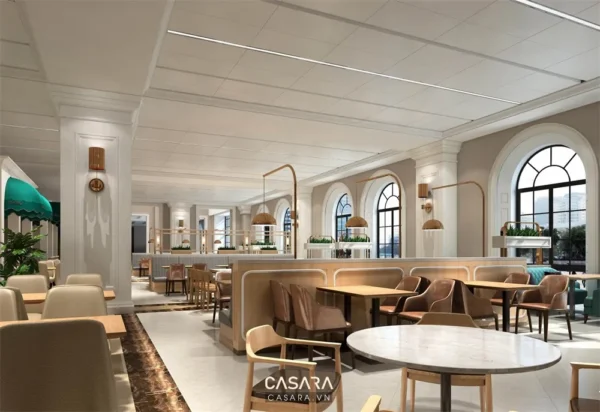 Không gian nhà hàng sang trọng, hiện đại với tông màu ấm áp.