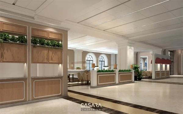 Sảnh khách sạn sang trọng với thiết kế nội thất hiện đại, tinh tế.