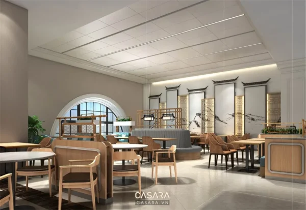 Không gian nhà hàng hiện đại, ấm cúng với thiết kế tinh tế.