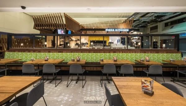 Khu vực ăn uống hiện đại với thiết kế nội thất độc đáo, ấm cúng.