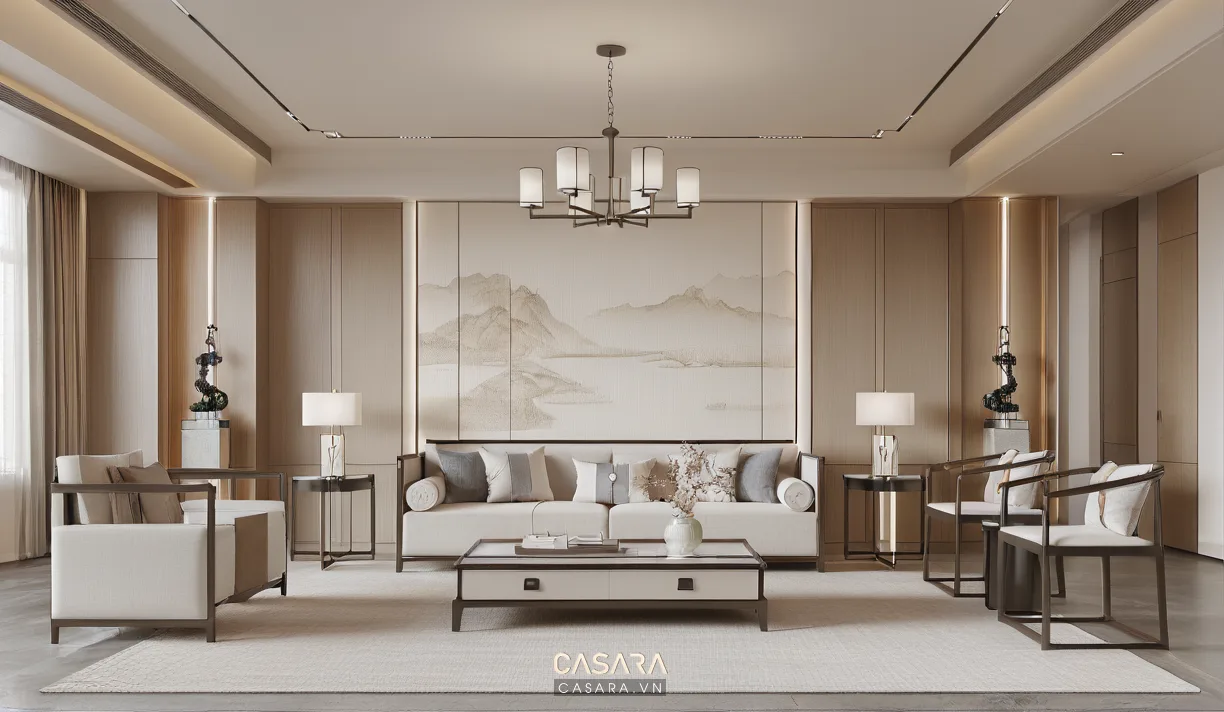 thiết kế phòng khách đẹp với tranh lớn cây xanh sofa vải và thảm trung tính