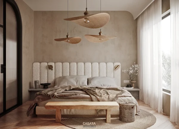 Phòng ngủ phong cách Wabi Sabi với vật liệu mộc và ánh sáng mềm